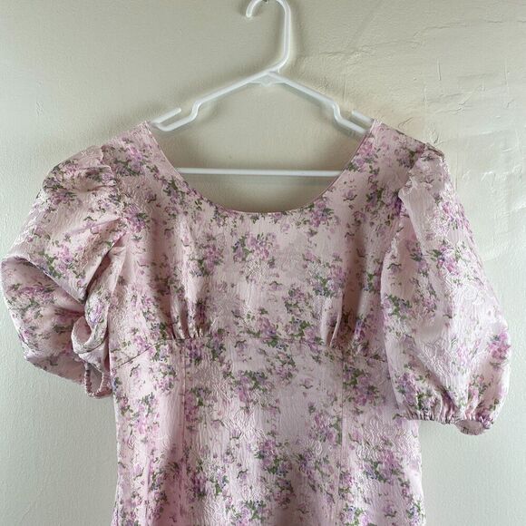 Hyacinth House Tuckernuck Pink Jacquard Empire Ella Mini Dress Sz M? Puff Sleeve - Picture 2 of 14